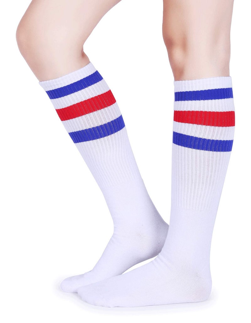 Pareberry Classical Triple Stripes Soft Cotton Over-the-Calf Retro Tube Socks (A-Pair(Blue/Red/White)) - Image 1